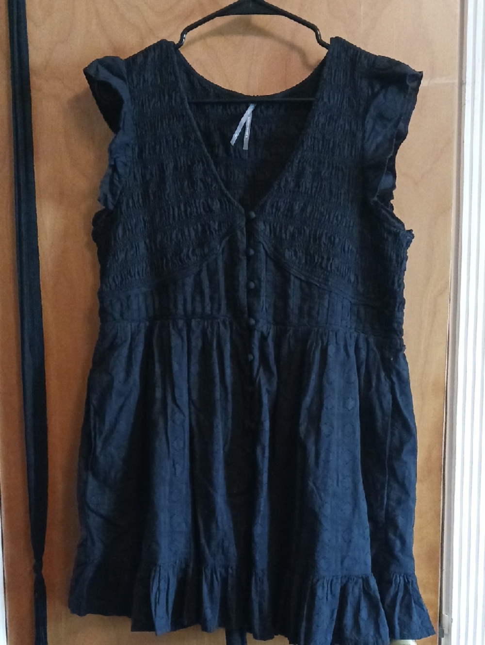 Anthropologie Black Smocked Babydoll Dress with Ribbon Detail